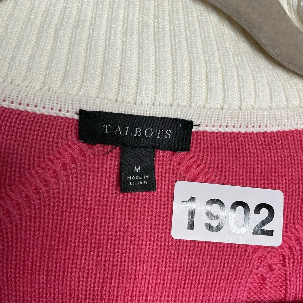 Talbots Sweater Womens‎ M Lattice Cable Johnny Collar Pink Ivory Gold Trim Knit